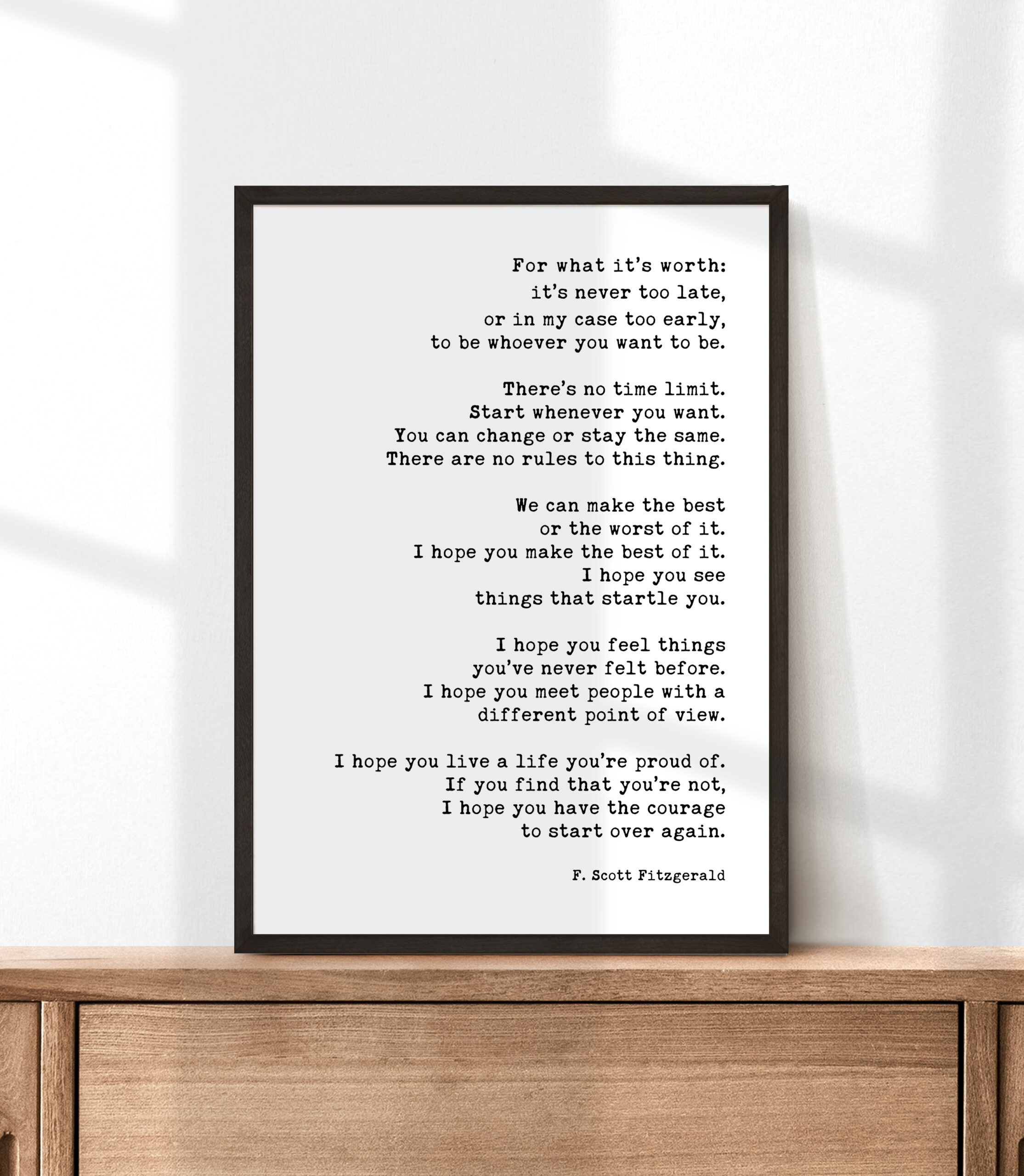 For What It's Worth: It's Never Too Late F. Scott Fitzgerald Quote - Typography Art Print - Image 5