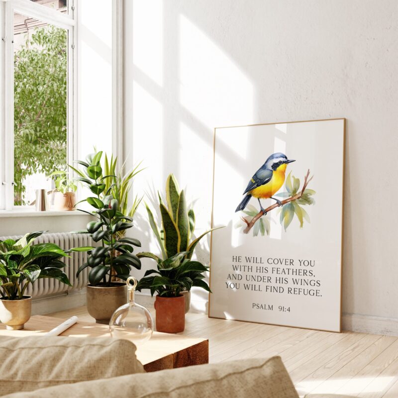 Psalm 91:4  He will cover you with His feathers, and under His wings you will find refuge. Art Print - Image 5