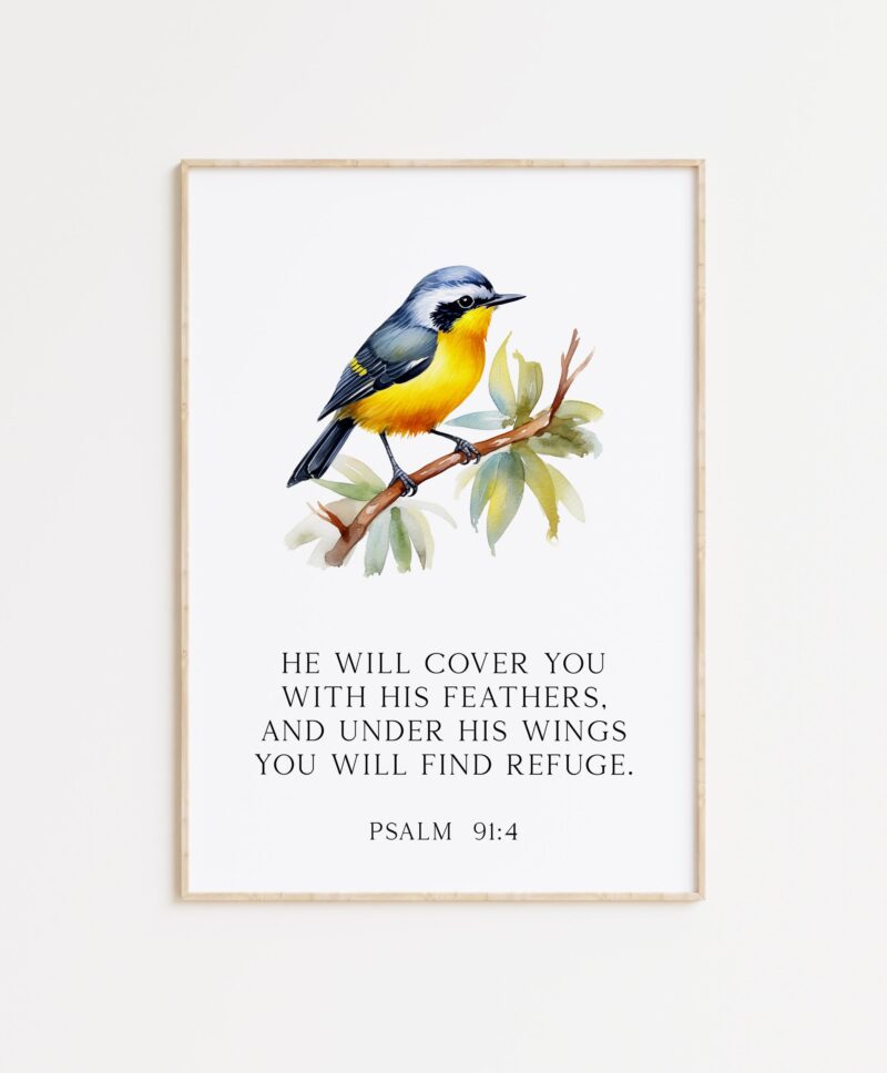 Psalm 91:4  He will cover you with His feathers, and under His wings you will find refuge. Art Print