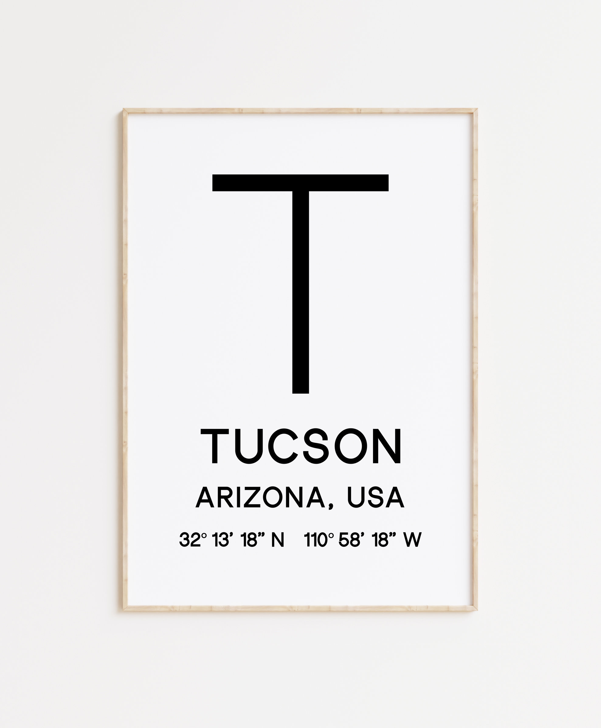 Tucson Arizona with GPS Coordinates Typography Minimalist Art Print