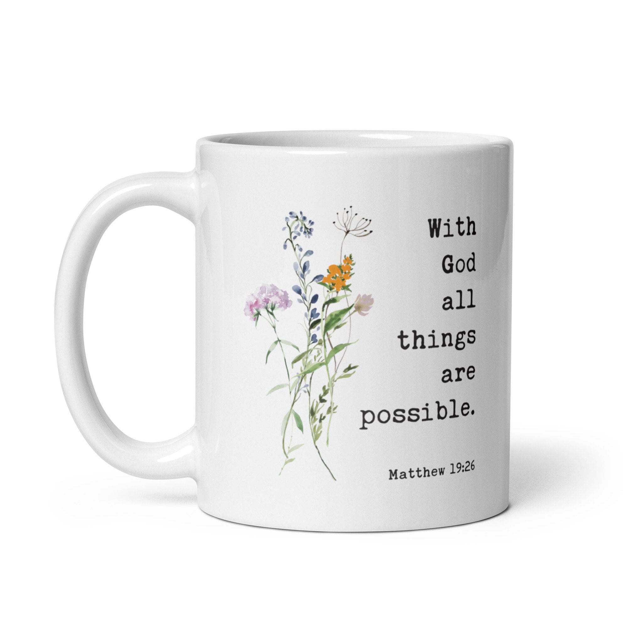 With God All Things Are Possible Matthew 19:26 Coffee Tea Mug with Wildflowers, Scripture, Bible Verse - Image 3