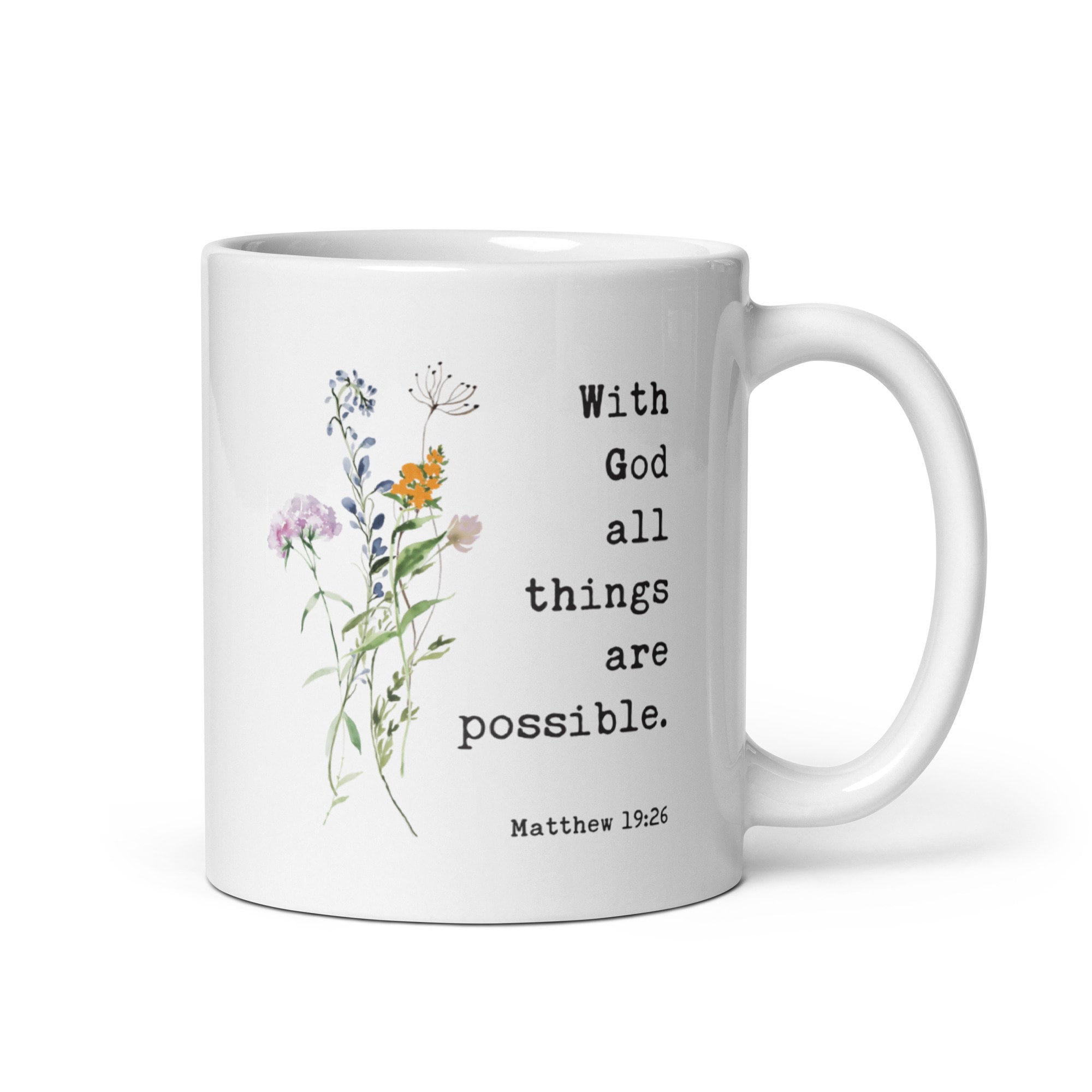 With God All Things Are Possible Matthew 19:26 Coffee Tea Mug with Wildflowers, Scripture, Bible Verse - Image 2
