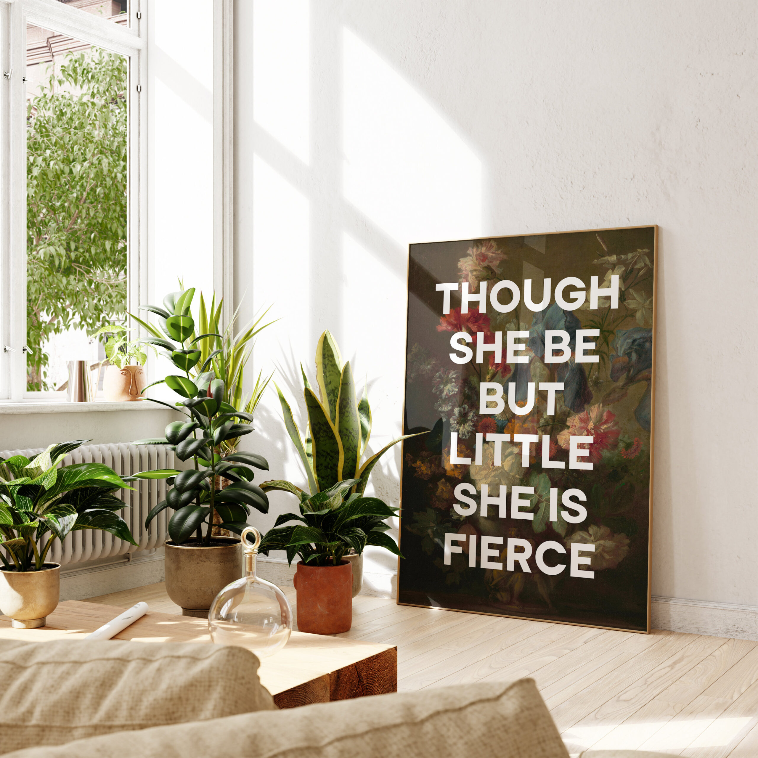 Though She Be But Little She Is Fierce with Flowers by Jan van Huysum - Typography Print - Shakespeare Quote - A Midsummer Night's Dream