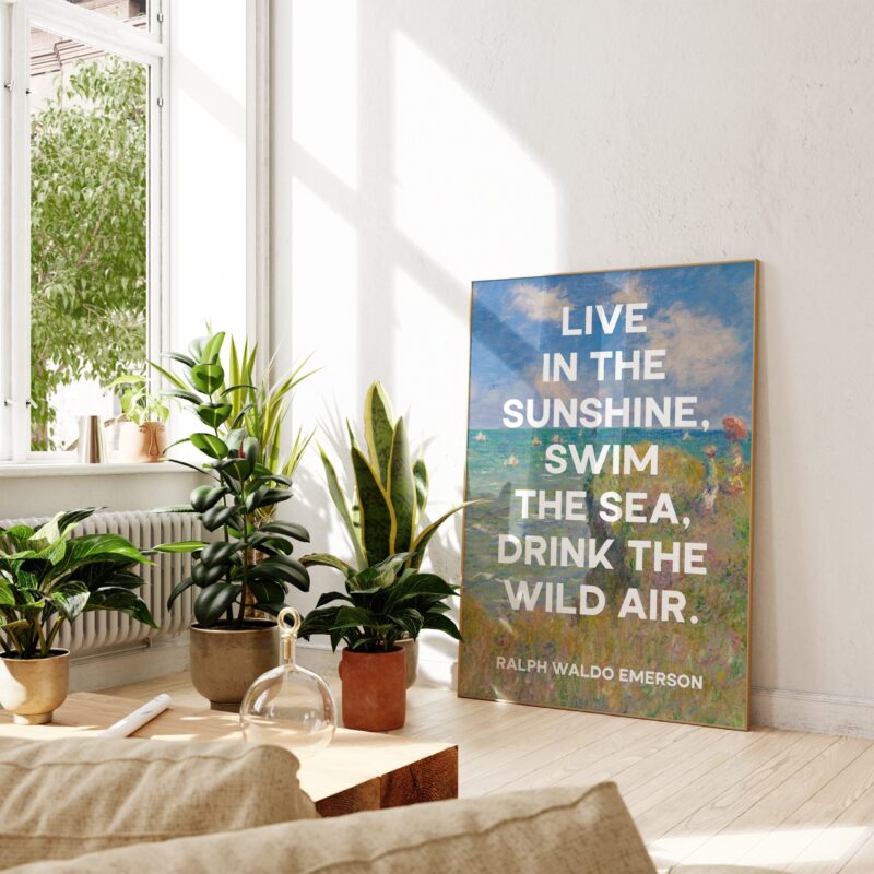 Live in the sunshine, swim the sea, drink the wild air. Ralph Waldo Emerson with Monet Cliff Walk Pourville Typography Art Print - Image 3