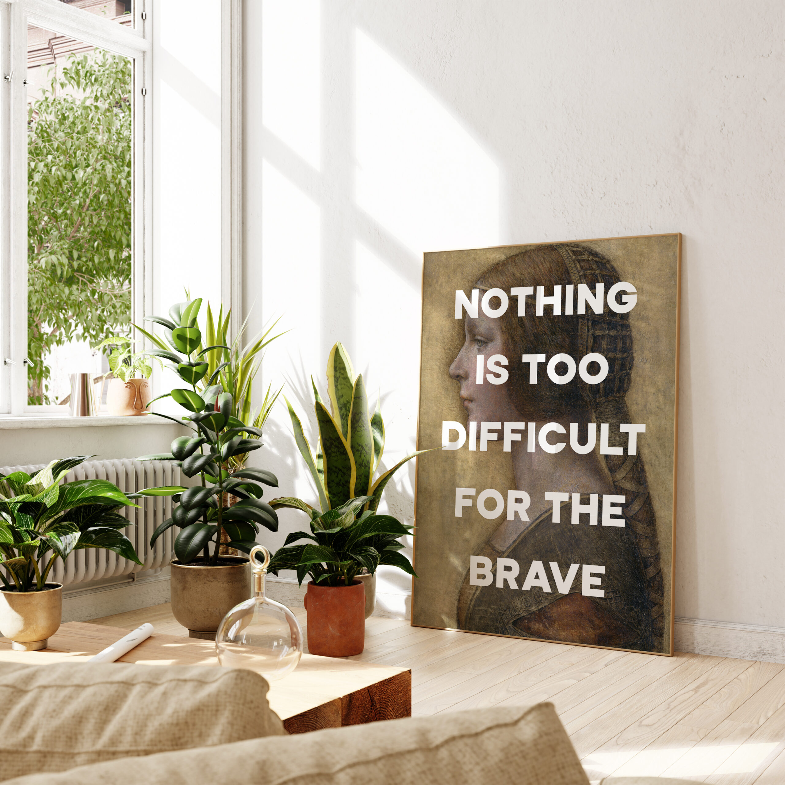 Nothing Is Too Difficult For The Brave Typography Art Print with Leonardo da Vinci's Profile of a Young Fiancée (1495) - Latin Quote - Image 4