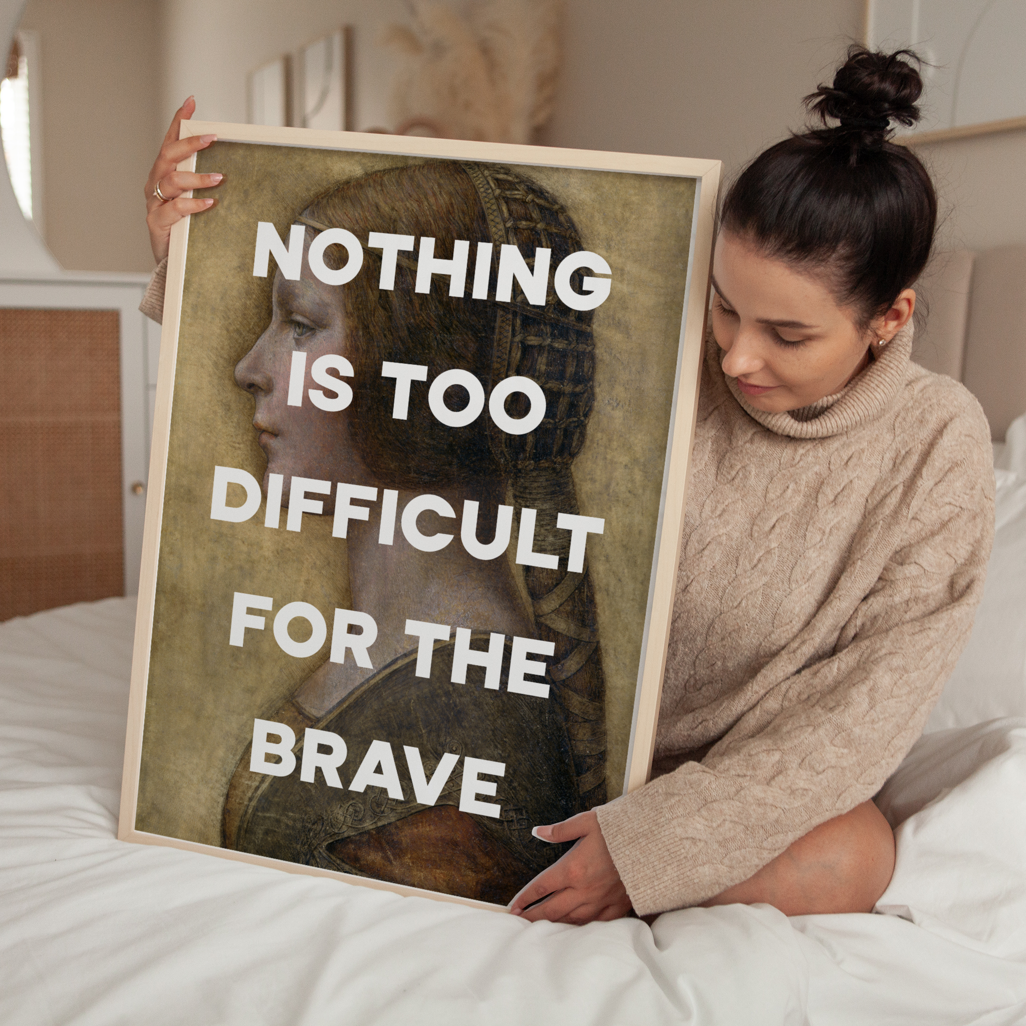 Nothing Is Too Difficult For The Brave Typography Art Print with Leonardo da Vinci's Profile of a Young Fiancée (1495) - Latin Quote - Image 3