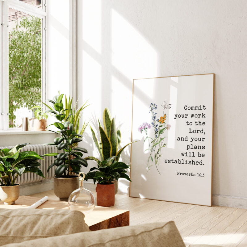 Proverbs 16:3 - Commit your work to the Lord, and your plans will be established. Typography Art Print with Wildflowers - Image 5
