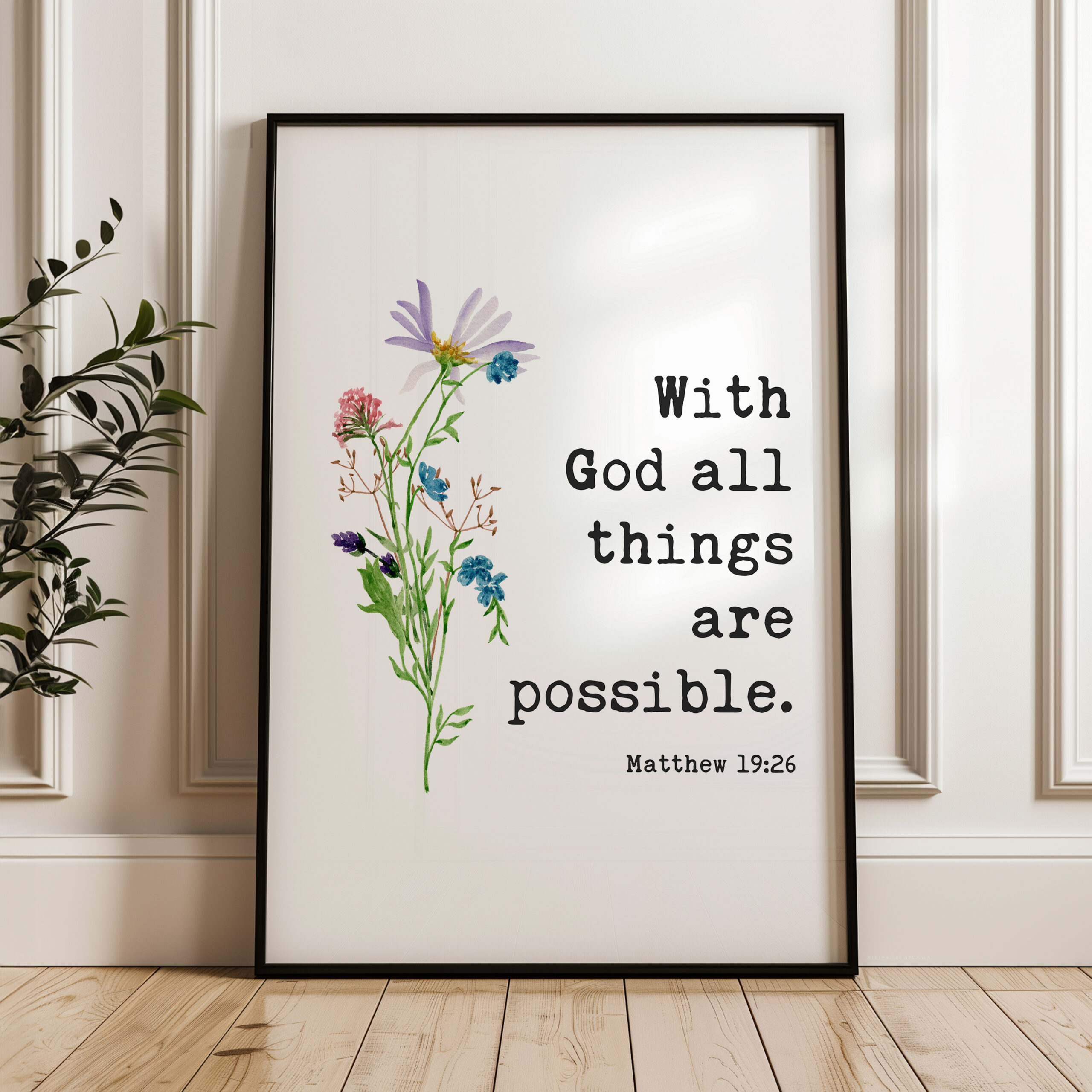 Matthew 19:26 Verse Print, With God All Things Are Possible, Christian Art, Floral - Image 10