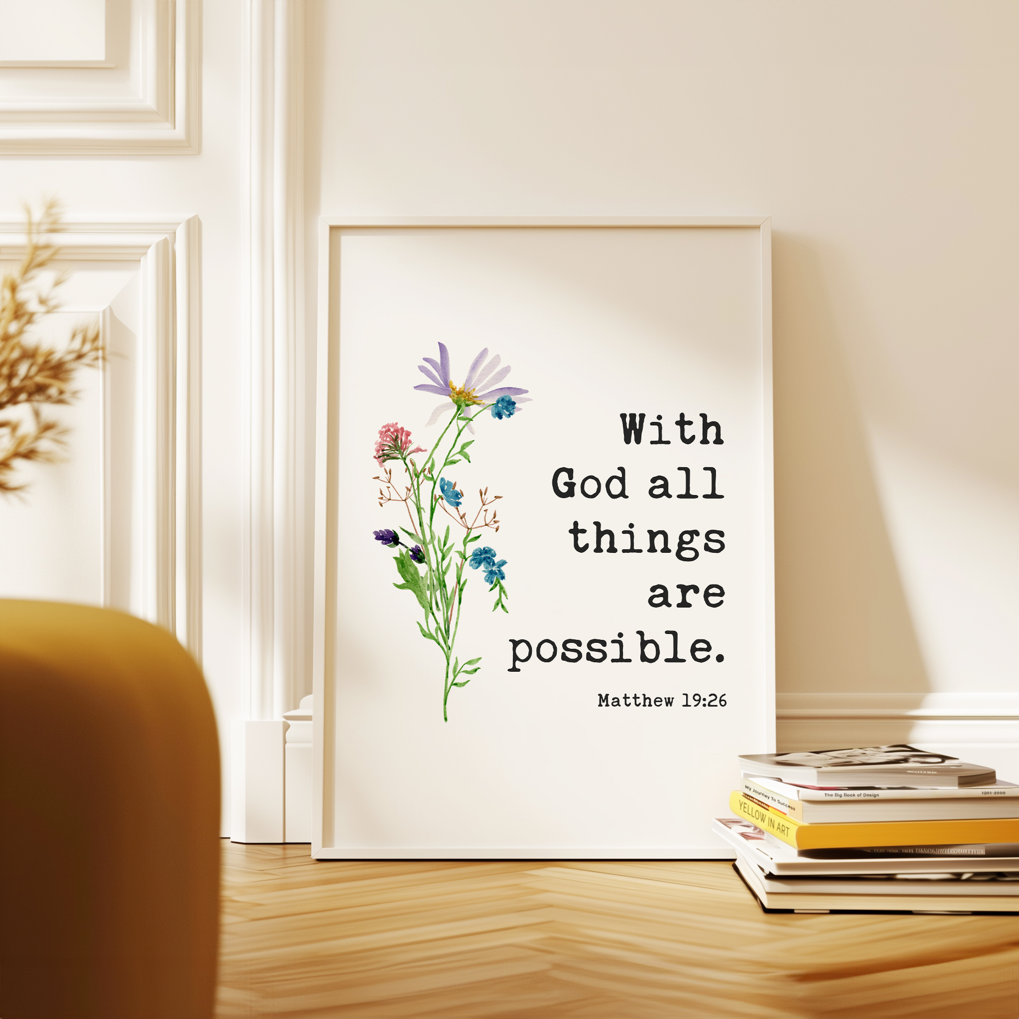 Matthew 19:26 Verse Print, With God All Things Are Possible, Christian Art, Floral - Image 11
