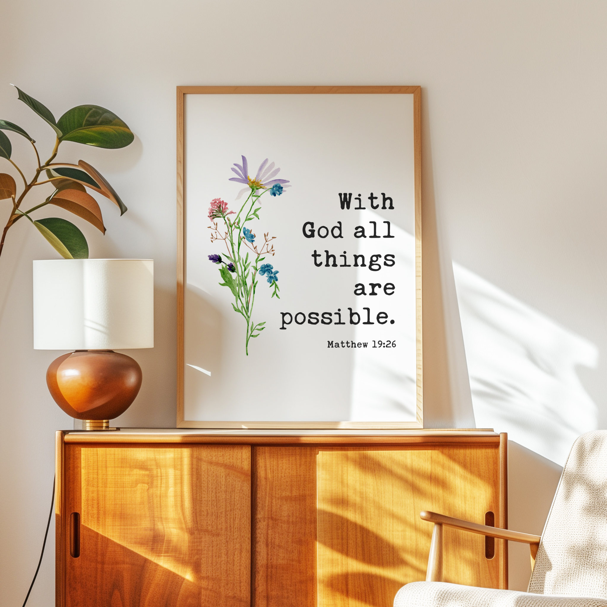 Matthew 19:26 Verse Print, With God All Things Are Possible, Christian Art, Floral - Image 9