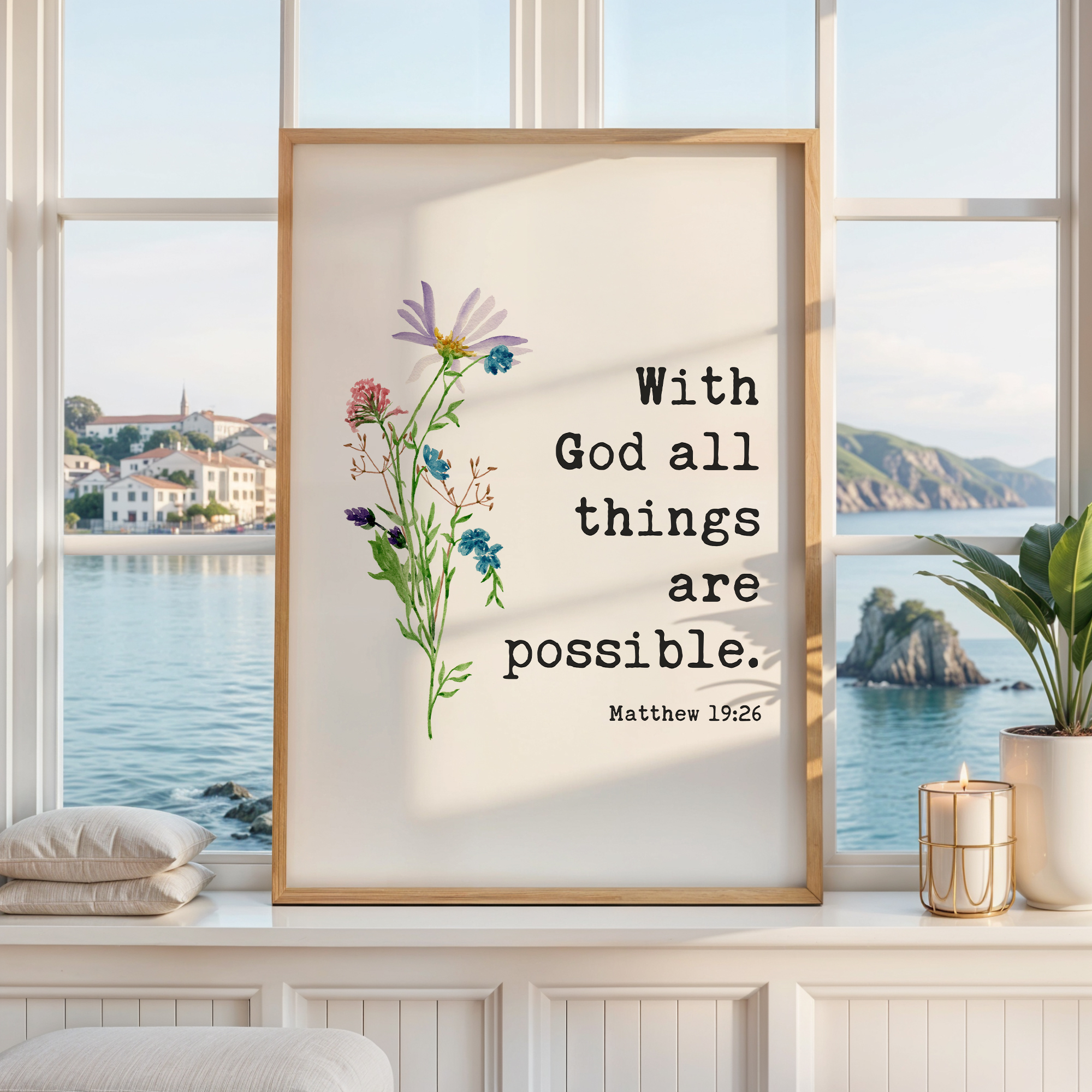 Matthew 19:26 Verse Print, With God All Things Are Possible, Christian Art, Floral - Image 6