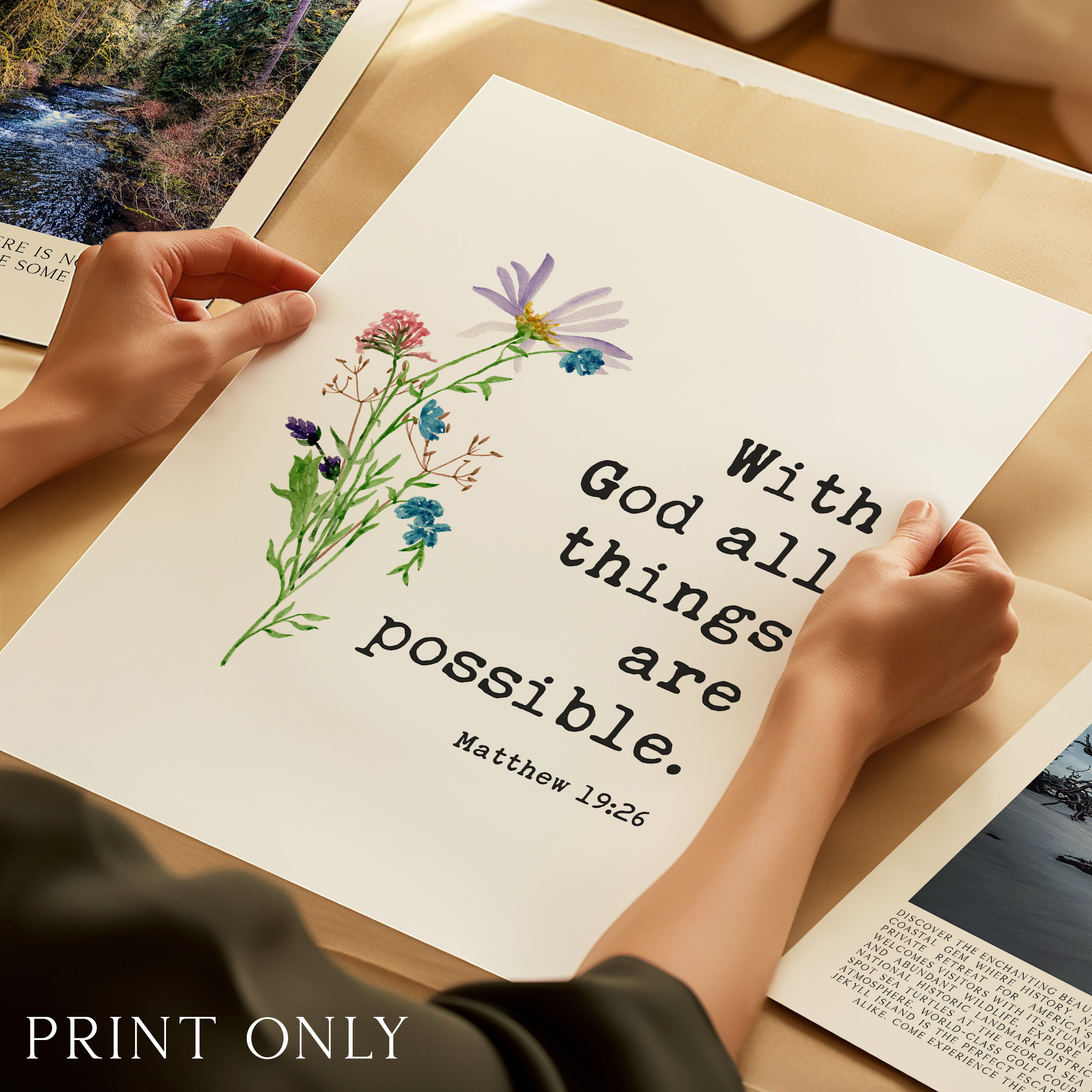 Matthew 19:26 Verse Print, With God All Things Are Possible, Christian Art, Floral - Image 4