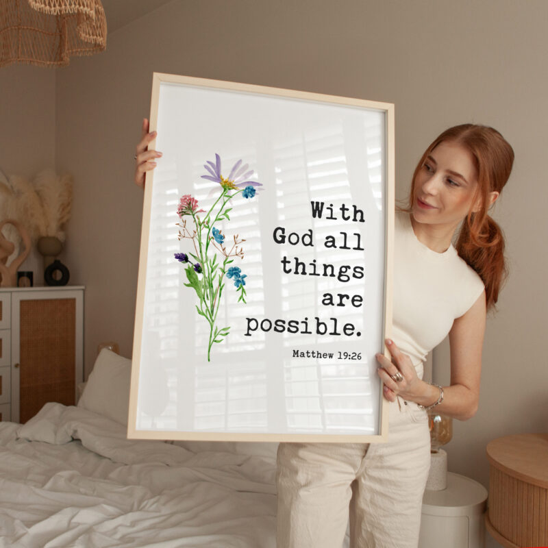 With God all things are possible. Matthew 19:26 Bible Verse with Wildflowers Typography Art Print - Image 3