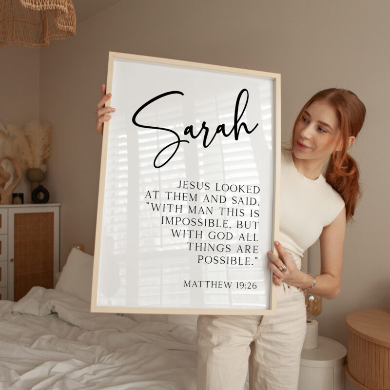 Matthew 19:26 "With man this is impossible, but with God all things are possible." • Personalized with Name • Typography Art Print - Image 3