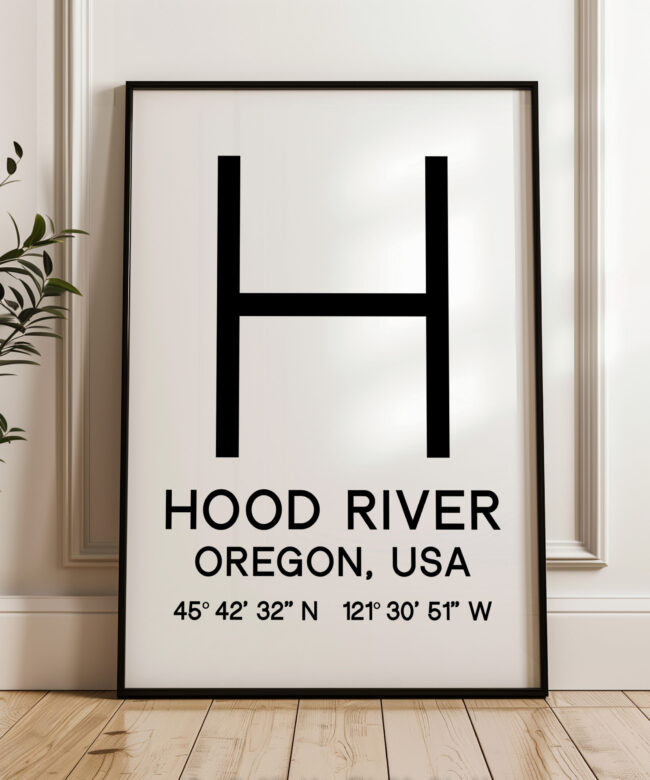 Hood River, Oregon with GPS Coordinates Typography Art Print • Minimalist Wall Art