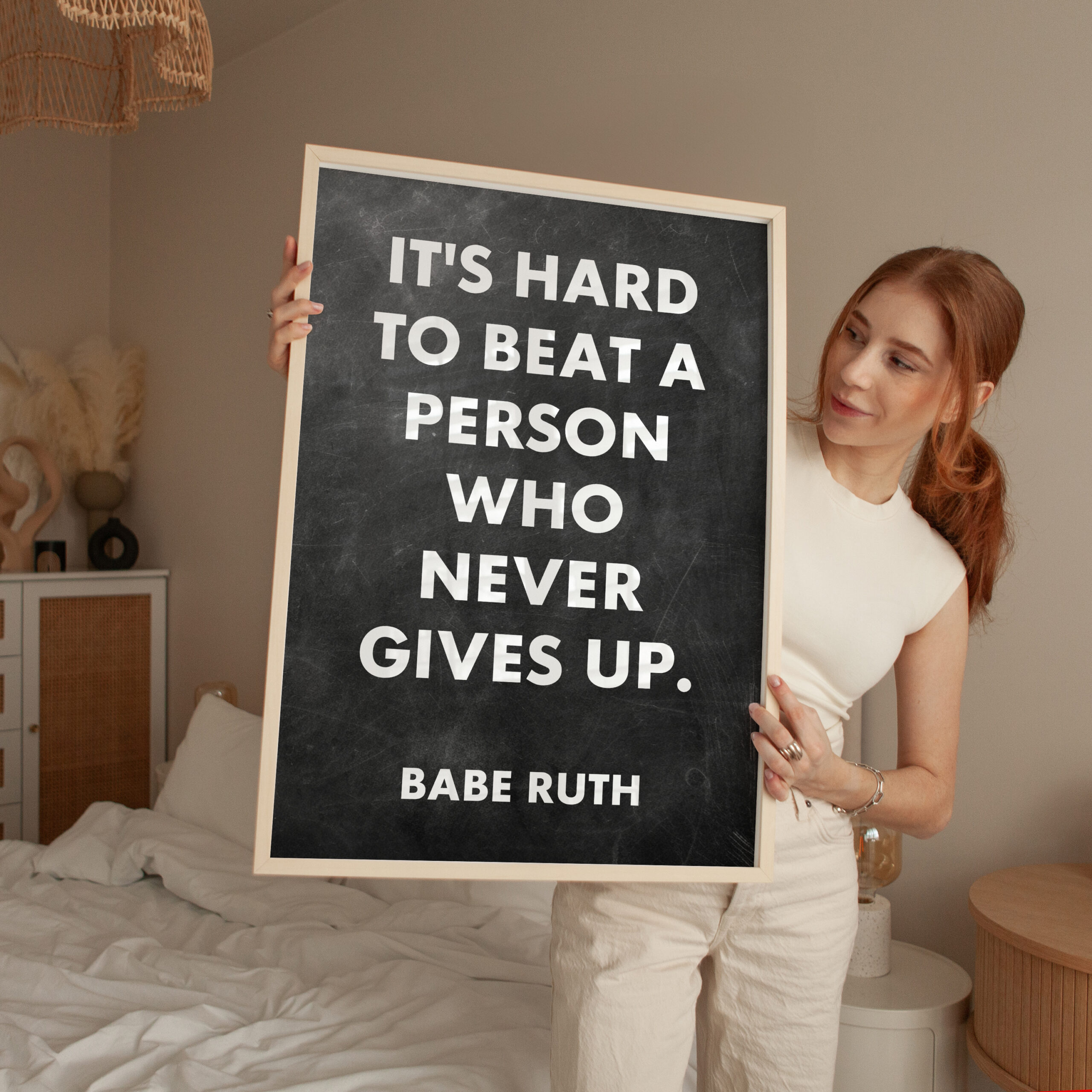 It's hard to beat a person who never gives up. Babe Ruth Quote Typography Art Print