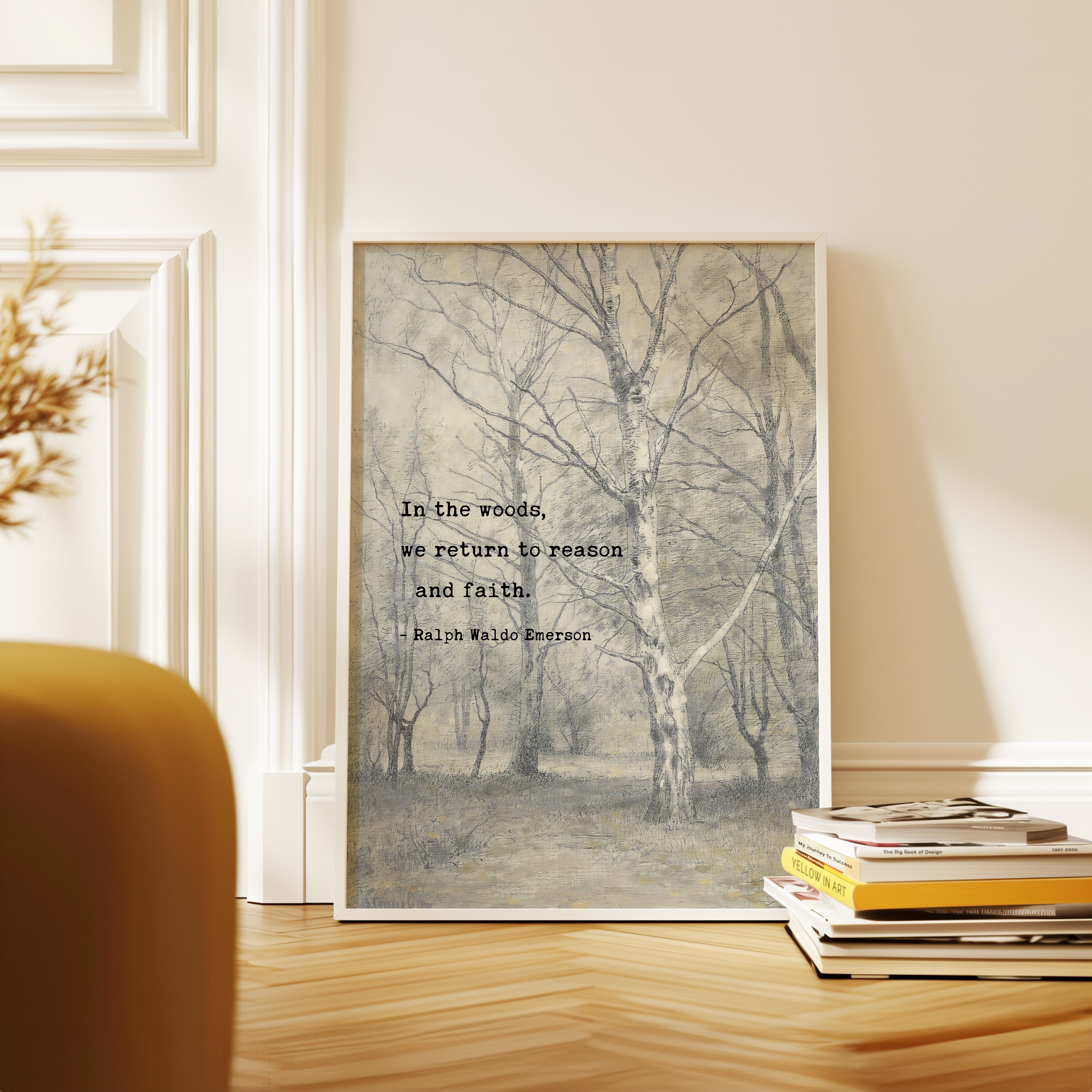 In the woods, we return to reason and faith. • Ralph Waldo Emerson Quote • Bos met berkebomen • Typography Art Print • Nature (1836)
