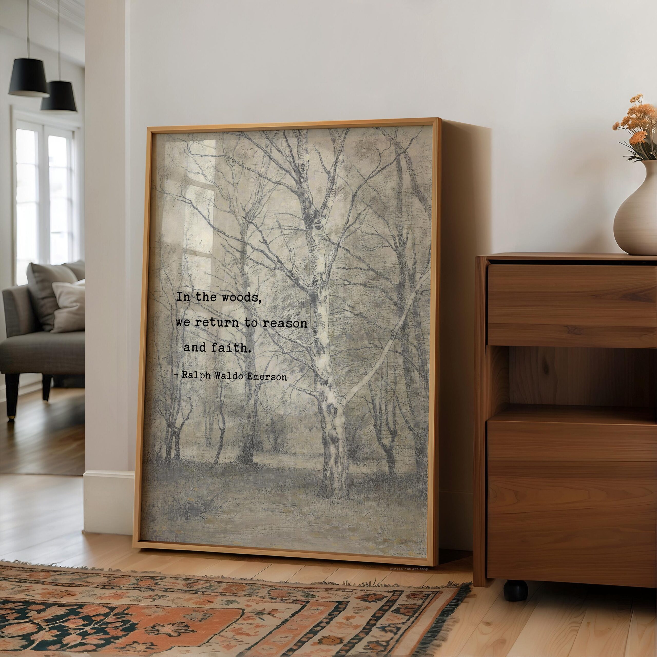 In the woods, we return to reason and faith. • Ralph Waldo Emerson Quote • Bos met berkebomen • Typography Art Print • Nature (1836) - Image 7