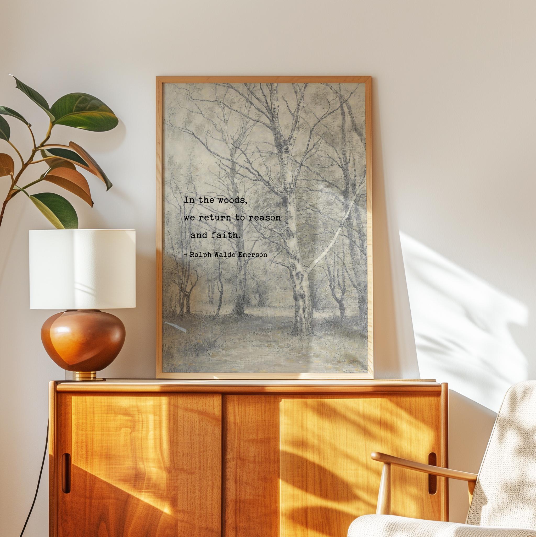 In the woods, we return to reason and faith. • Ralph Waldo Emerson Quote • Bos met berkebomen • Typography Art Print • Nature (1836) - Image 6