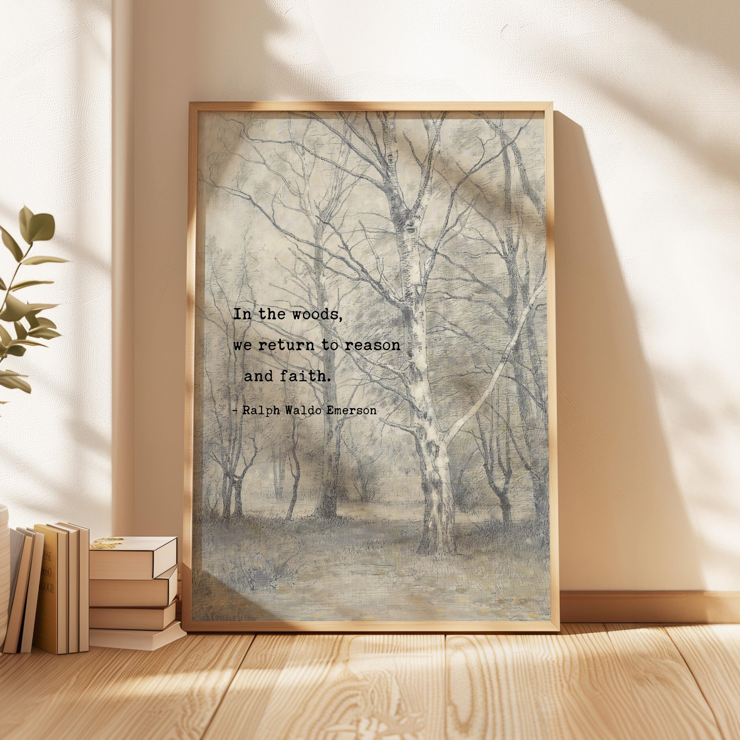 In the woods, we return to reason and faith. • Ralph Waldo Emerson Quote • Bos met berkebomen • Typography Art Print • Nature (1836) - Image 5
