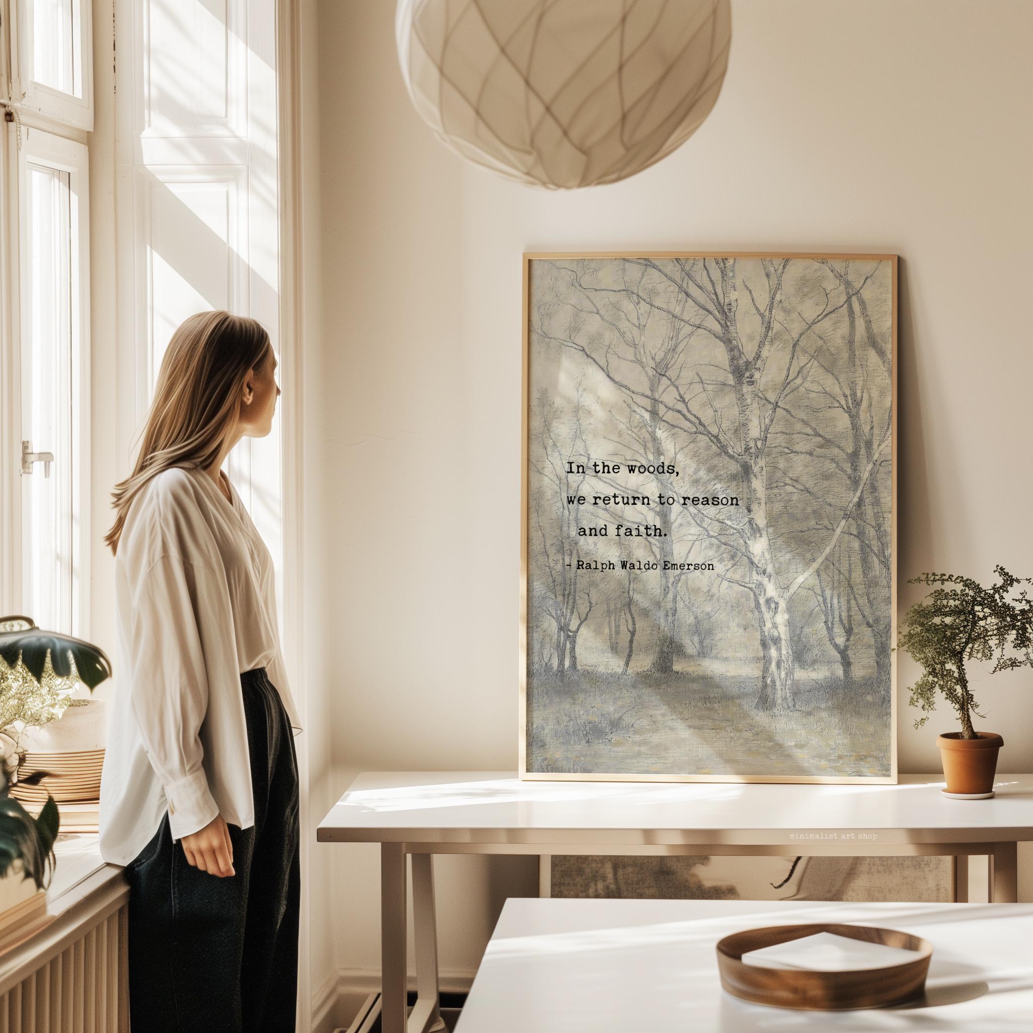 In the woods, we return to reason and faith. • Ralph Waldo Emerson Quote • Bos met berkebomen • Typography Art Print • Nature (1836) - Image 4