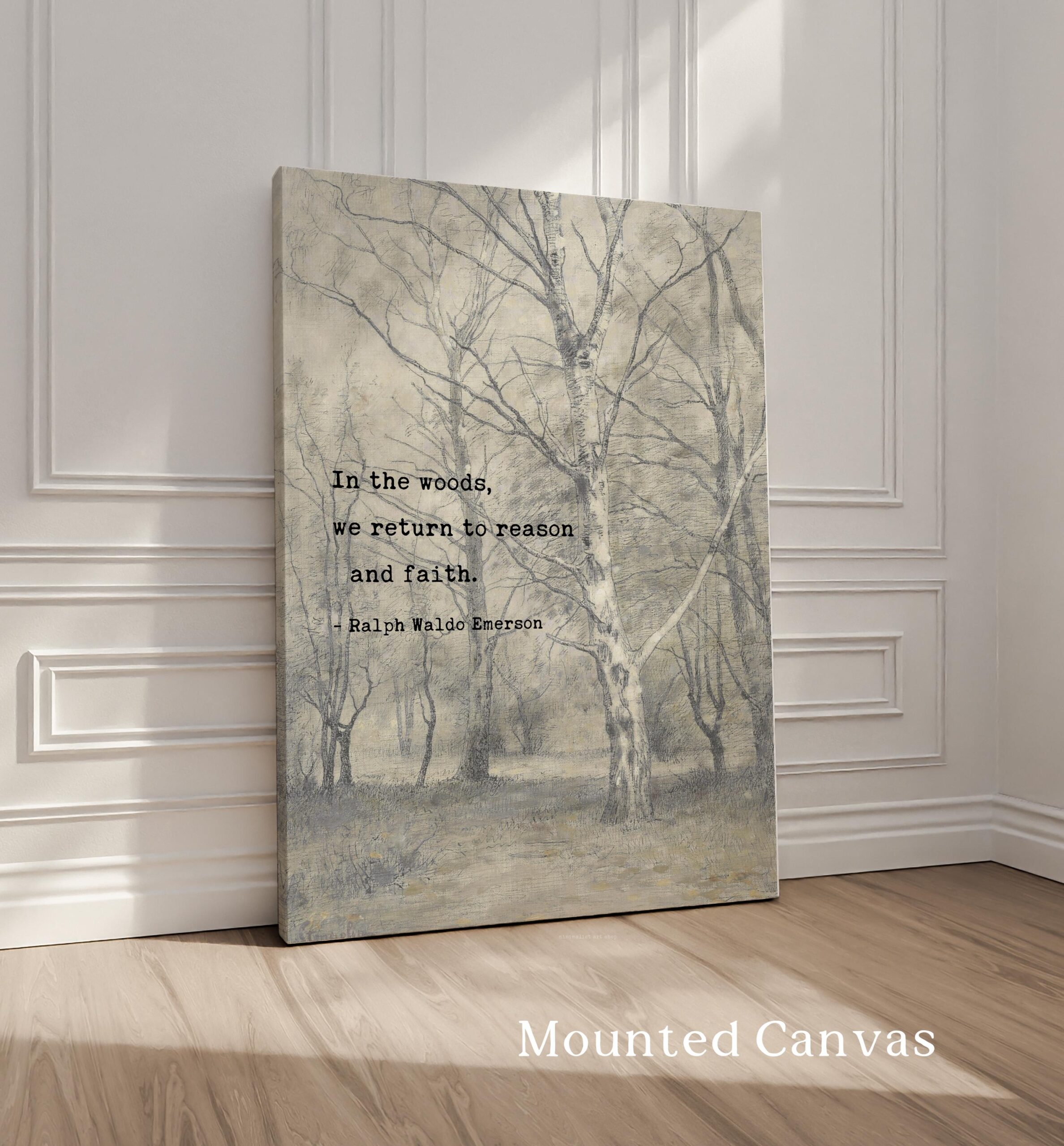 In the woods, we return to reason and faith. • Ralph Waldo Emerson Quote • Bos met berkebomen • Typography Art Print • Nature (1836) - Image 2