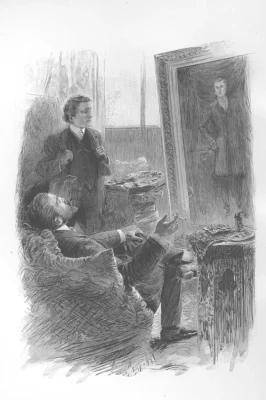 Basil Hallward and Lord Henry Wotton admire one of Basil's paintings of Dorian Gray. 1908 illustration by Paul Thiriat.