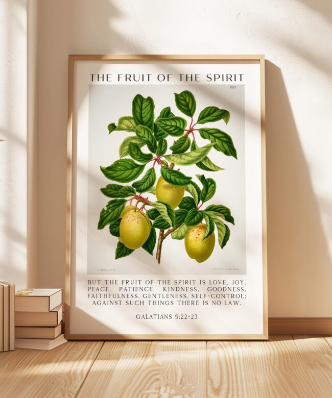 Fruit of the Spirit Typography Wall Art – Galatians 5:22–23 Scripture Print – Christian Botanical Plum Illustration Home Décor