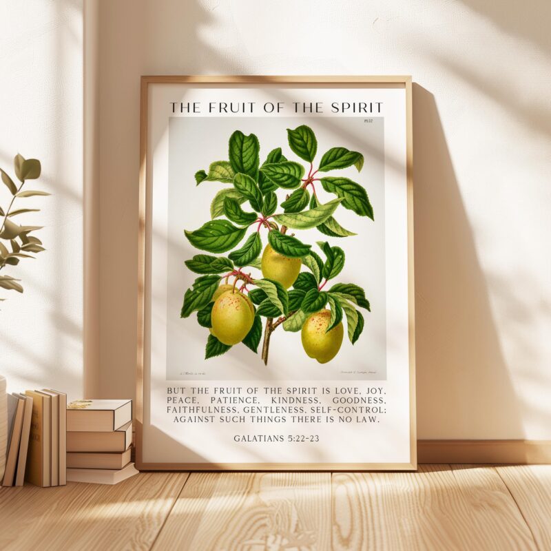 Fruit of the Spirit Typography Wall Art – Galatians 5:22–23 Scripture Print – Christian Botanical Plum Illustration Home Décor
