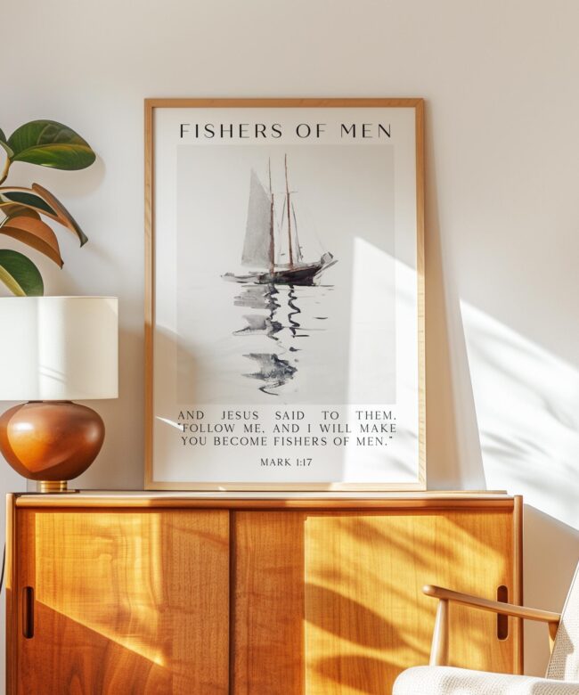 Fishers of Men Wall Art – Mark 1:17 Scripture Print – Christian Nautical Typography Artwork for Home & Church Décor