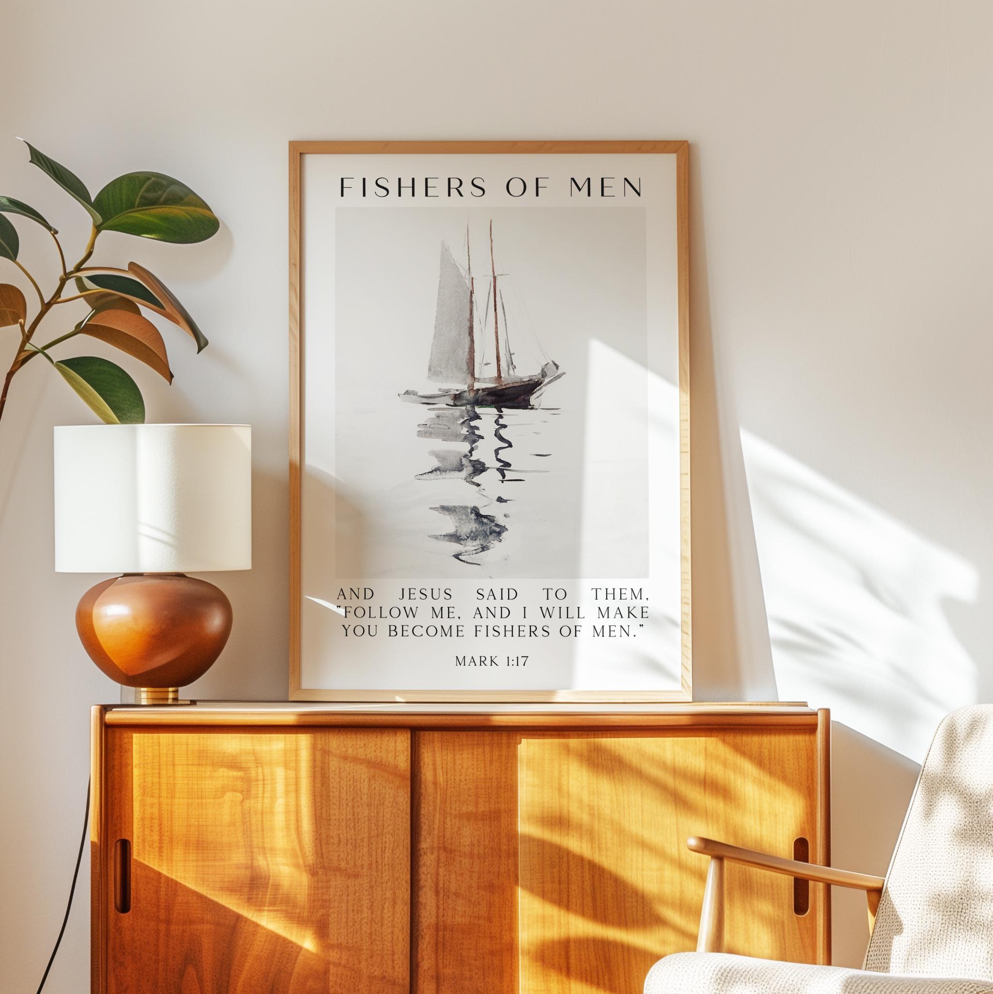 Fishers of Men Wall Art – Mark 1:17 Scripture Print – Christian Nautical Typography Artwork for Home & Church Décor