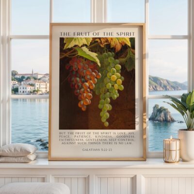 Fruit of the Spirit Bible Verse Wall Art – Galatians 5:22–23 – Christian Typography Print with Grapes Painting