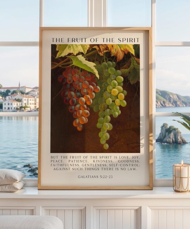 Fruit of the Spirit Bible Verse Wall Art – Galatians 5:22–23 – Christian Typography Print with Grapes Painting