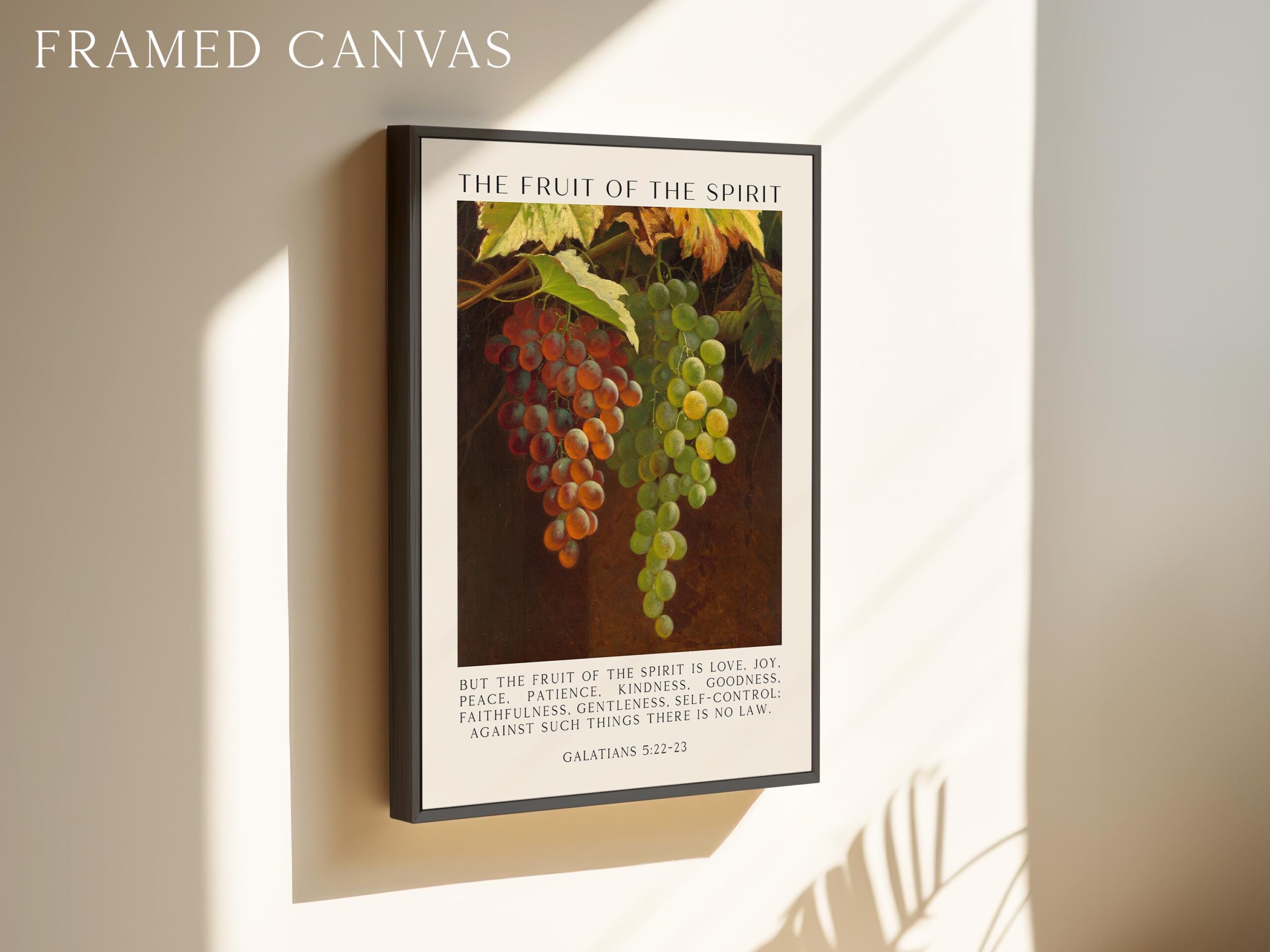 Fruit of the Spirit Bible Verse Wall Art – Galatians 5:22–23 – Christian Typography Print with Grapes Painting - Image 3