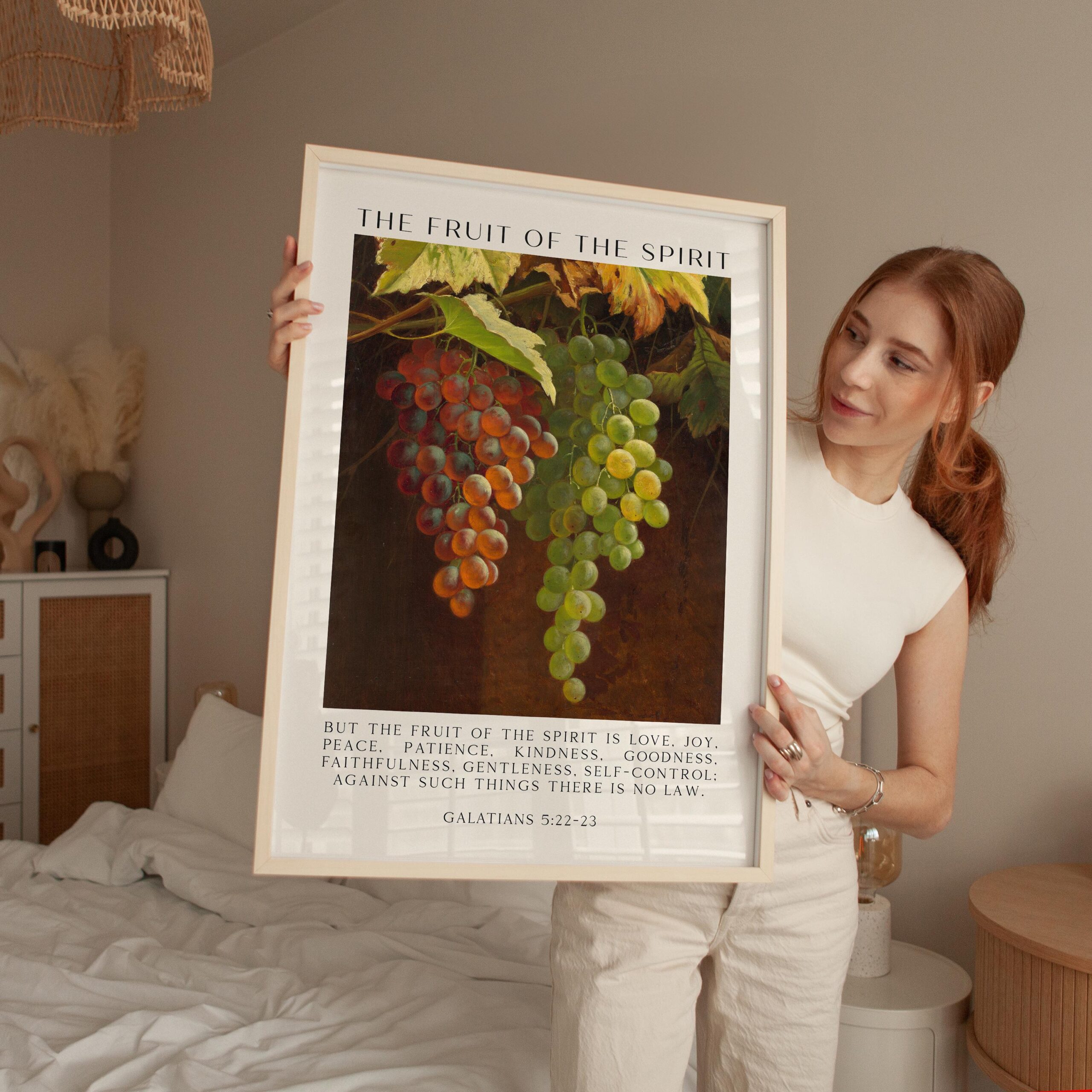 Fruit of the Spirit Bible Verse Wall Art – Galatians 5:22–23 – Christian Typography Print with Grapes Painting - Image 4