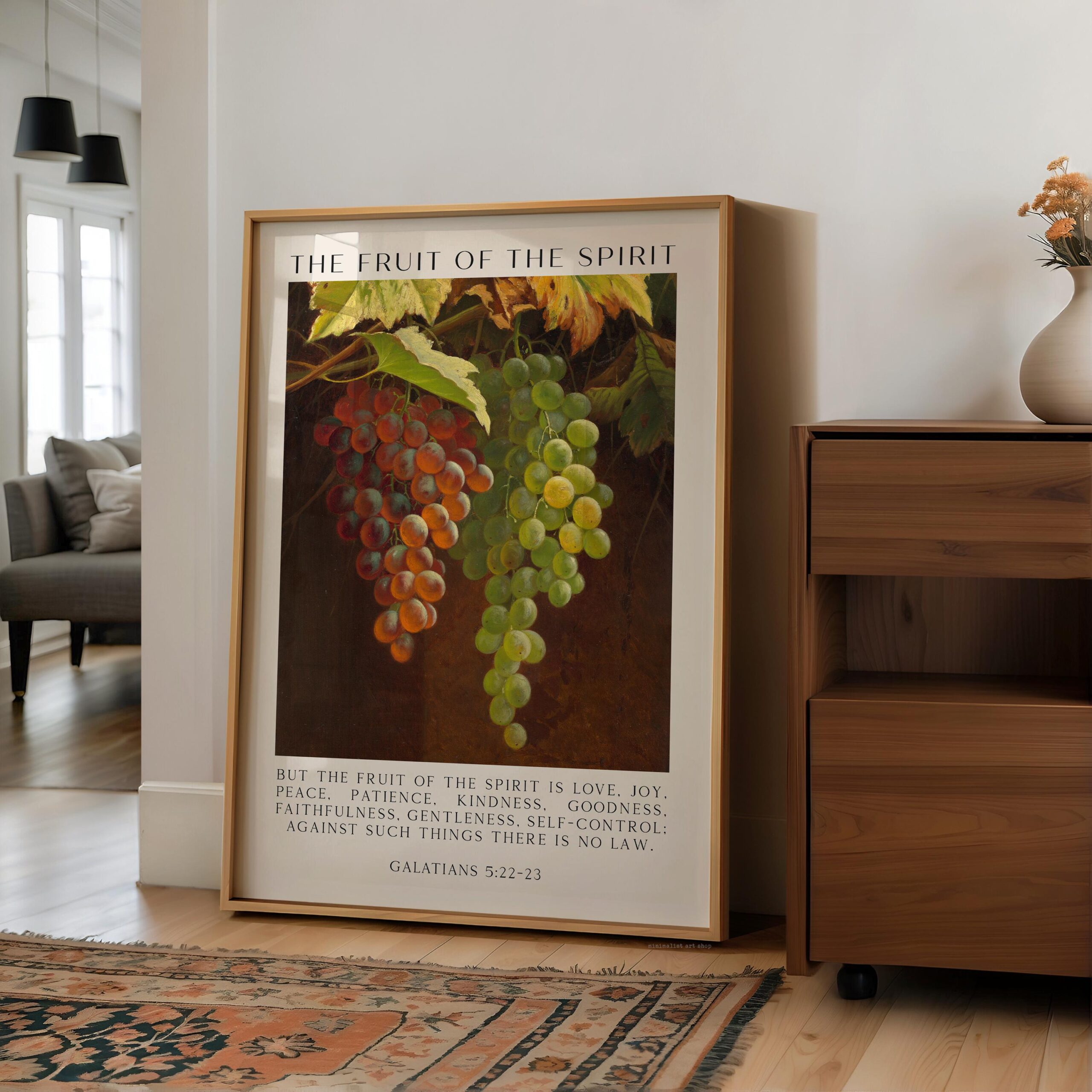 Fruit of the Spirit Bible Verse Wall Art – Galatians 5:22–23 – Christian Typography Print with Grapes Painting - Image 5