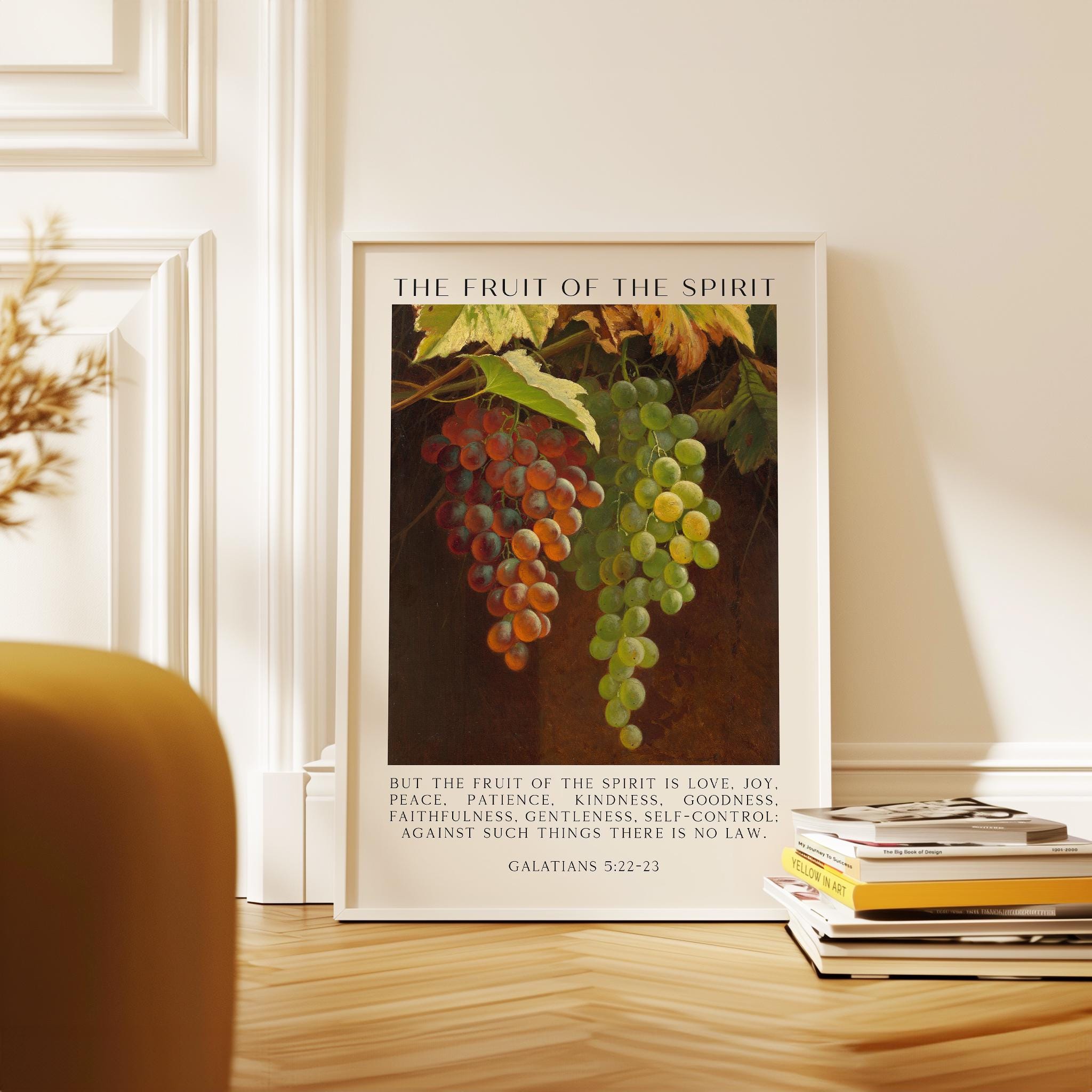 Fruit of the Spirit Bible Verse Wall Art – Galatians 5:22–23 – Christian Typography Print with Grapes Painting - Image 9