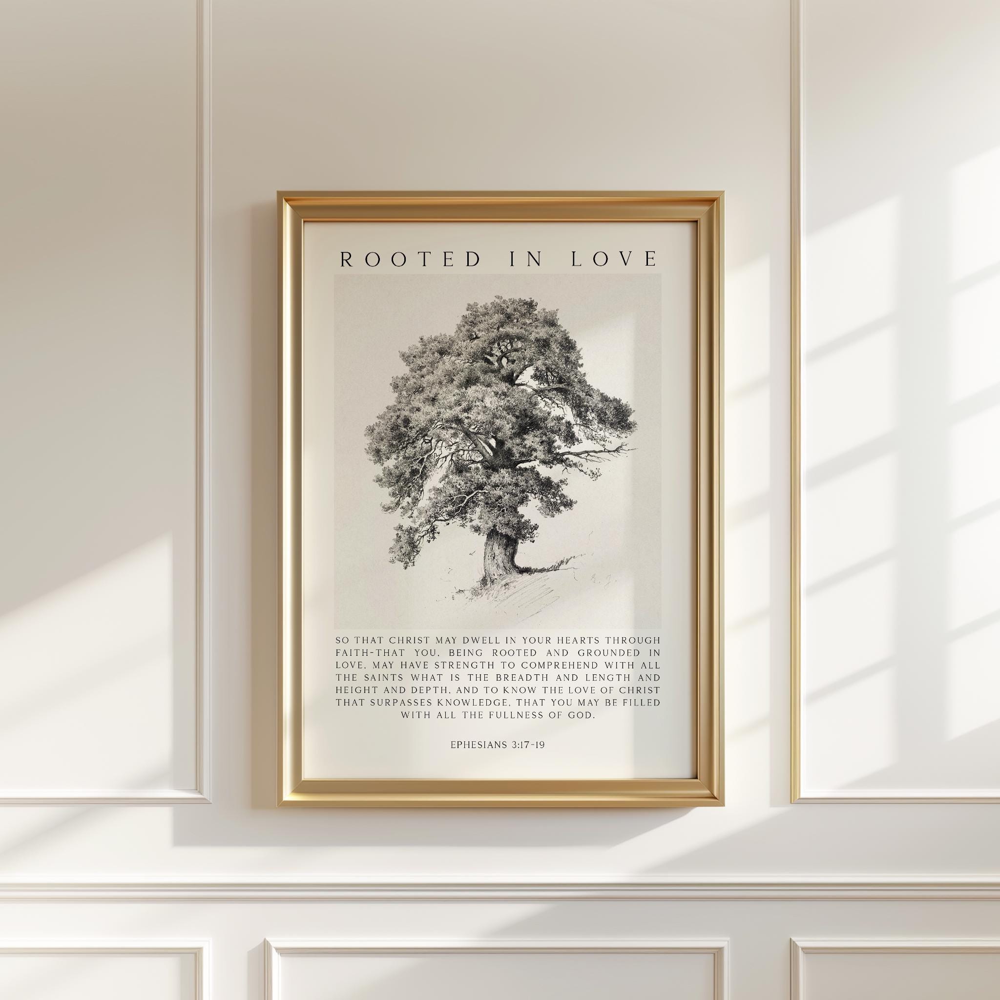 Rooted in Love Scripture Print – Ephesians 3:17-19 Christian Wall Art with Tree Illustration