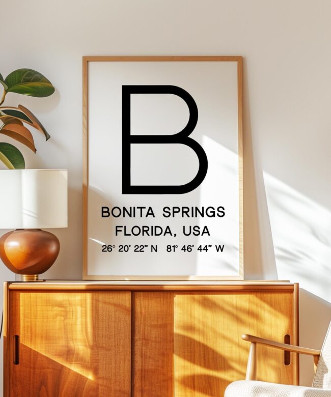 Bonita Springs, Florida with GPS Coordinates Minimalist Typography Art Print