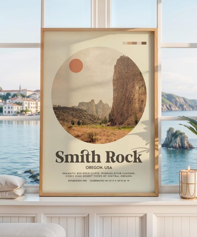 Smith Rock Oregon Print - Mid-Century Travel Poster - Wall Art - Nature Decor