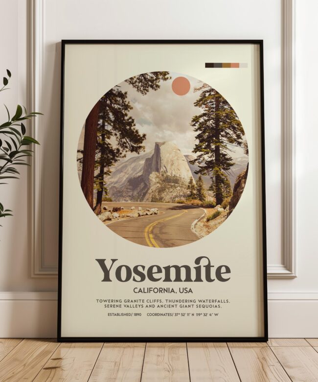 Yosemite National Park Print - Mid Century Travel Poster - California Wall Art - Mountain Landscape Decor