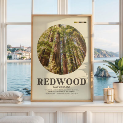 Redwood National Park Print, California Travel Art, Mid Century Modern Wall Decor