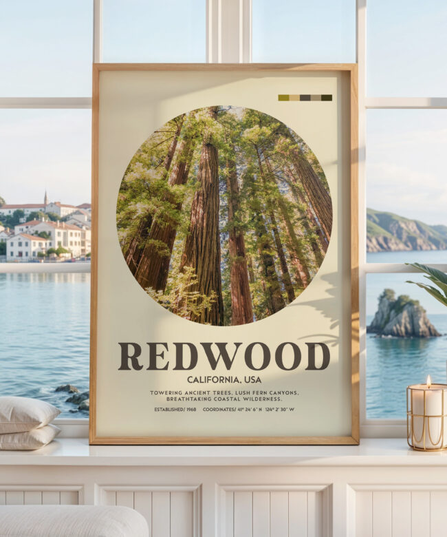 Redwood National Park Print, California Travel Art, Mid Century Modern Wall Decor