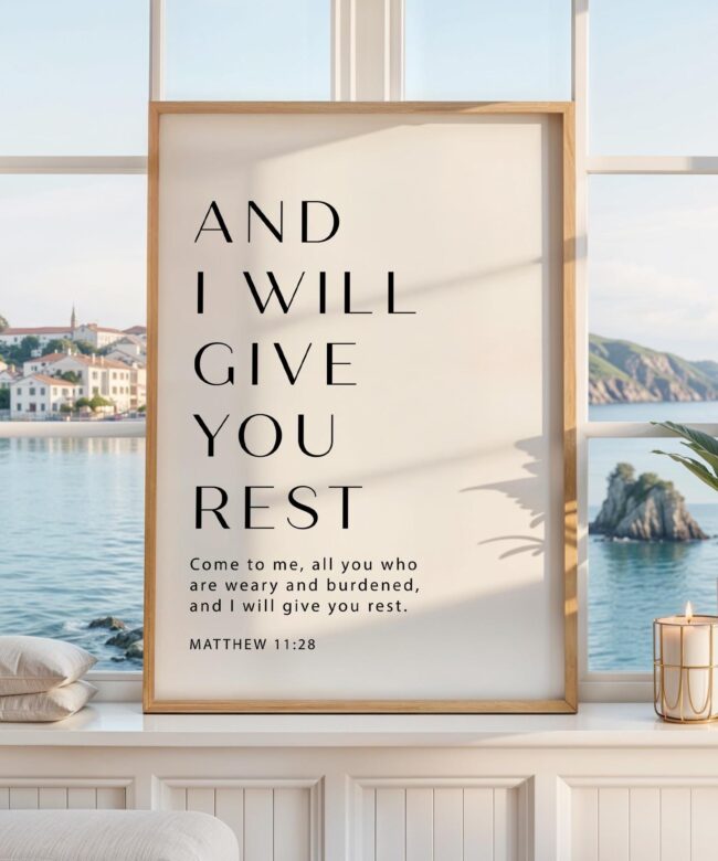 Matthew 11:28 Bible Verse Print, And I Will Give You Rest, Christian Wall Art, Minimalist Scripture Decor