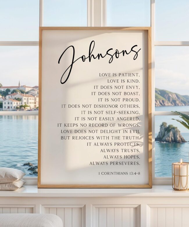 Personalized Family Name Scripture Print, Love Is Patient Kind, 1 Corinthians 13:4-8, Anniversary Gift