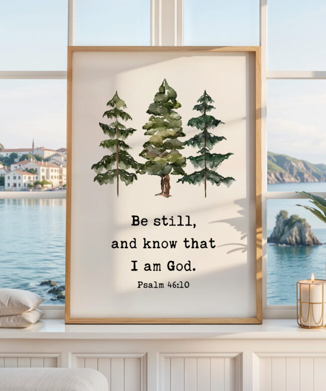 Be Still and Know That I Am God Print, Psalm 46:10 Wall Art, Christian Home Decor, Watercolor Trees