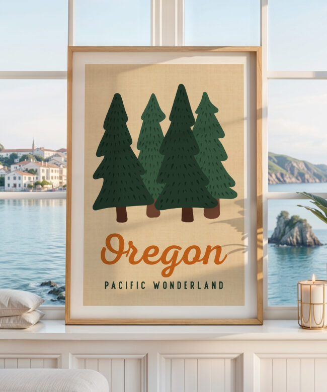 Oregon Pacific Wonderland Retro Art Print, Forest Trees, PNW Travel, Travel Gift Decor