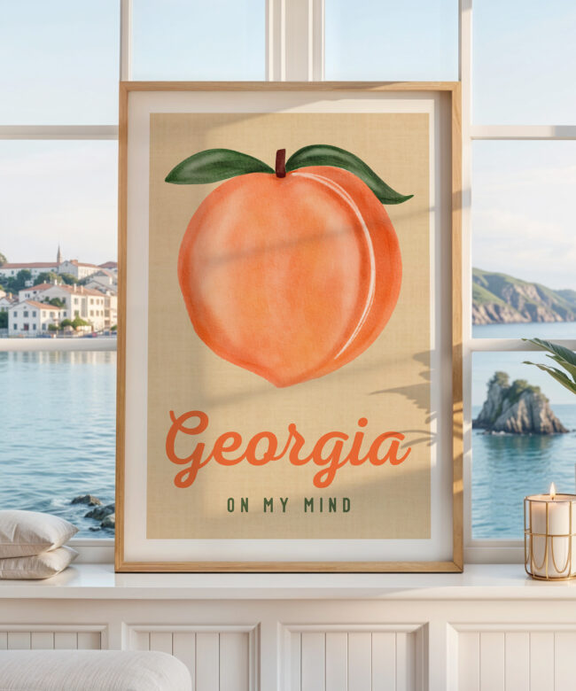 Georgia Peach Wall Art, On My Mind Print, Vintage, Southern Home Decor, Housewarming Gift