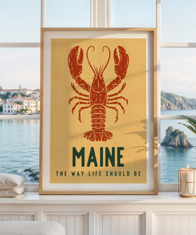 Maine Lobster Wall Art, Vintage Coastal Print, New England Decor, Retro Travel Poster Gift