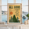 All Good Things Are Wild And Free Print, Retro Mountain Wall Art, Thoreau Quote
